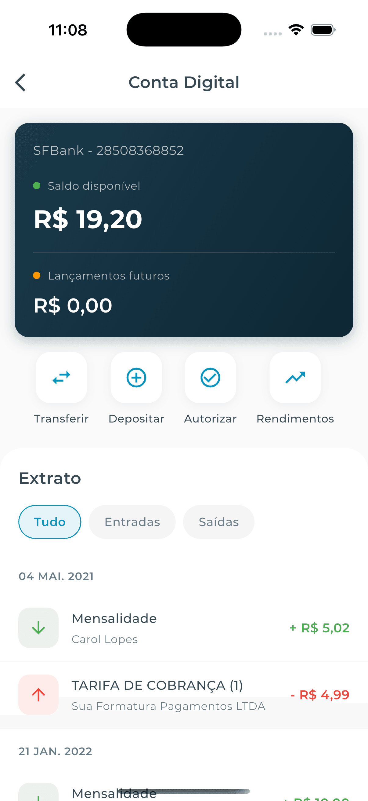 Tela de carteira